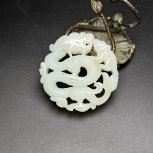 Certified Natural Hetian Jade Hand-carved Exquisite Dragon Statue Pendant 27137 - Picture 1 of 9