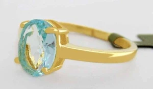 LAB CREATED 1.34 Cts AQUAMARINE SOLITAIRE RING 925 SILVER (YELLOW TONE) - NWT - Picture 1 of 4
