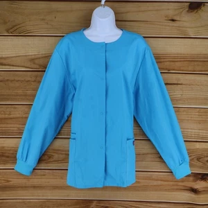 Cherokee Workwear Scrubs Button Up Womens Size L Blue Polyester Blend Pockets - Picture 1 of 7