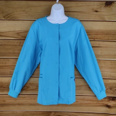 Cherokee Workwear Scrubs Button Up Womens Size L Blue Polyester Blend Pockets - Image 1 of 4