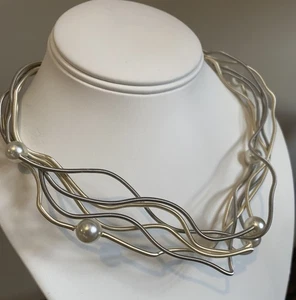Sandrine Giraud Two Tone Bendable Coils with Pearls Necklace Paris French Artist - Picture 1 of 7