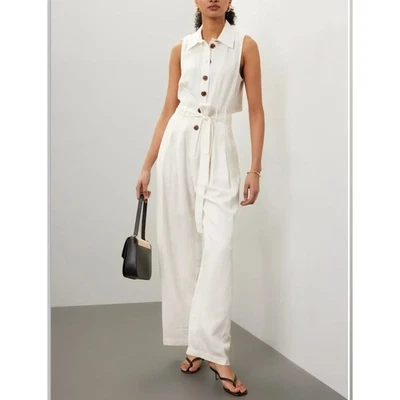 Reiss White Linen Jumpsuit Size 4 Wide Leg Sleeveless Vacation Designer $320 - Image 1 of 4