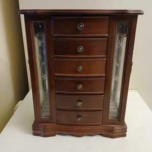 Vintage LARGE Jewelry Box W/ 6 Drawers & DOUBLE Etched Glass Doors W/ 12 Hooks - Picture 1 of 11