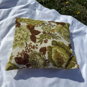 Vintage 1970s Velour Decorative Pillow Excellent Condition Brown Green Floral - Picture 1 of 3