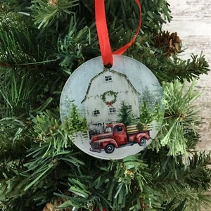Red Truck Winter Farm Christmas Ornament - Picture 1 of 8
