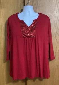 WOMEN'S Sz 3X "BASIC EDITIONS" RED PULLOVER KNIT 3/4 SLEEVE DRESSY BLOUSE TOP - Picture 1 of 5