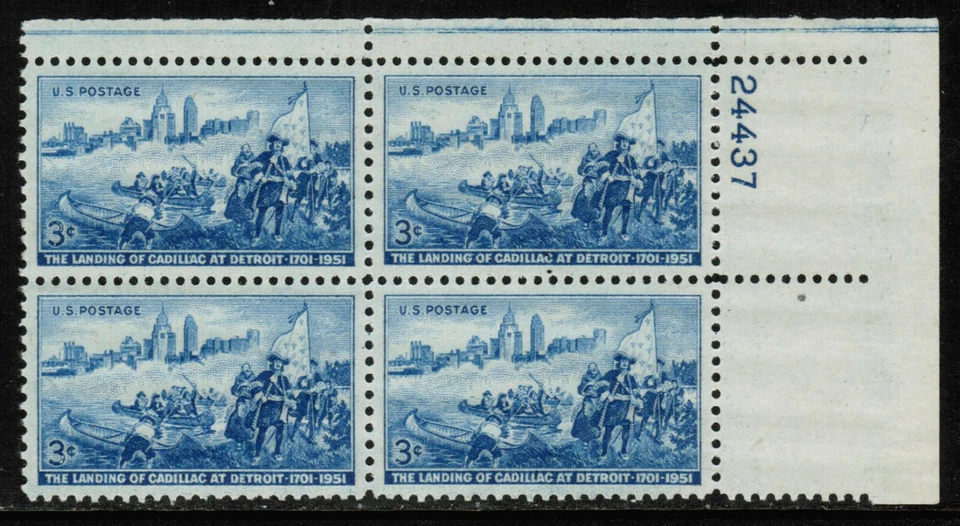 US USA Sc# 1000 MNH FVF PLATE # BLOCK Cadillac Detroit Michigan Flag Canoe City - Image 1 of 1