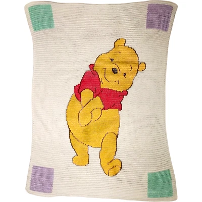 Winnie The Pooh Handmade Crochet Baby Blanket Unisex 46x60 Beige Squares Big - Image 1 of 4