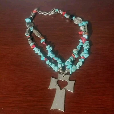 Southwestern Navajo Turquoise Double Strand Necklace Pewter Ankh Pendant Heart  - Image 1 of 4