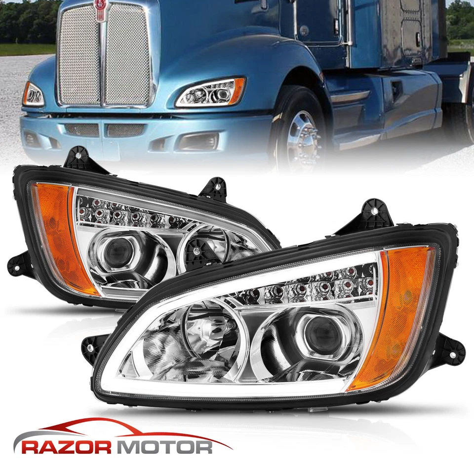 2008-2017 LED Bar +Turn Signal Chrome Projector Headlight Pair For Kenworth T660 - Image 1 of 4