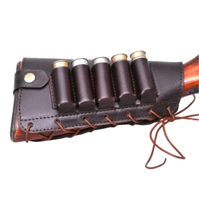 LB Brown Cowhide Leather Cartridge Holder Buttstock.12 GA Ammo Pouch for Shot Gun