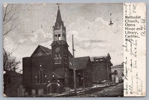 Iglesia Metodista Ópera Biblioteca Cadillac MI Michigan Postal J4 - Imagen 1 de 3