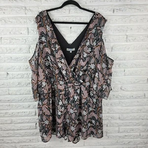 Bailey Blue Women Romper 2X Shorts Cold Shoulder Lined VNeck Black Floral Comfy - Picture 1 of 8