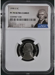1998-S Jefferson Nickel 5c - PF70 ULTRA CAMEO NGC *Special Jefferson Label* - Picture 1 of 2