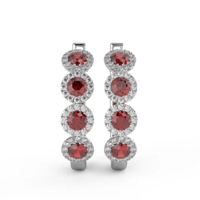 Limited Stock..! 0.60 Ct Natural Ruby & Diamond Halo Hoop Earrings In White Gold - Image 1 of 4