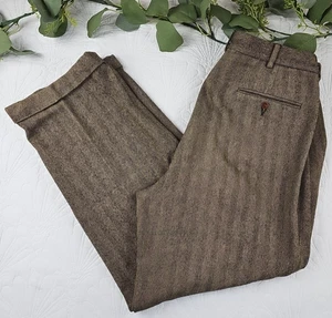 VTG Polo Ralph Lauren Wool Brown HerringBone Straight Dress Pants Custom 34 x 29 - Picture 1 of 13