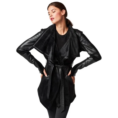 Blanc Noir Jacket Womens Medium Black Draped Velour Vegan Leather Belted Moto - Image 1 of 4