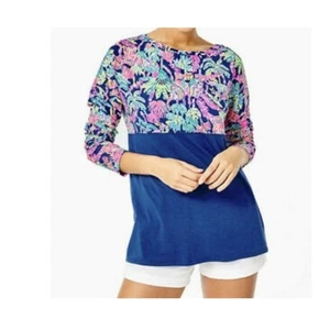 Lilly Pulitzer Girls Top Chambray Floral Oyster Bay Sz 8-10 Long Sleeve - Picture 1 of 6