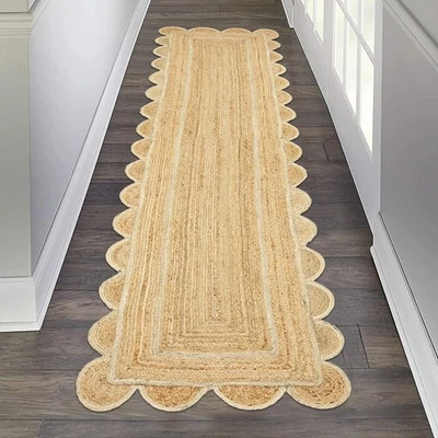 Hand Braided Jute Area Rug Shell Natural Beige Kilim Indien Hallway Runner Rug - Image 1 of 4
