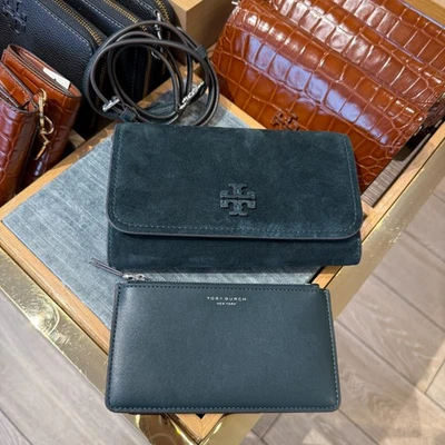 Tory Burch Thea Flat Wallet Crossbody Suede in Warm Teal 170107 $475 - Image 1 of 4