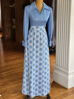 1970s Handmade Blue/White Maxi Hostess Dress  Size 2-4 - Image 1 of 4