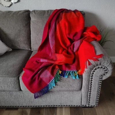 Alpaca Wool Blanket Throw Cozy Knits Multicolor Bold Colors Red 53" x 75" Fringe - Image 1 of 4