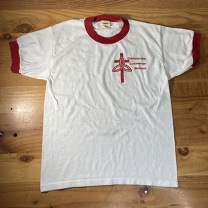 Concordia Lutheran School Vtg Youth Tee Shirt Sz L Ringer Jesus Celtic - Picture 1 of 7