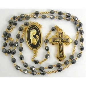 Damascene Gold Rosary Cross Virgin Mary Black Beads by Midas of Toledo Spain - Picture 1 of 3