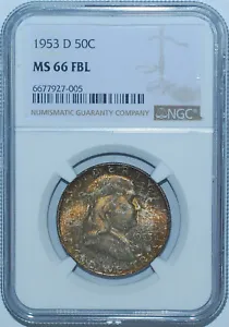 1953 D/D NGC MS66FBL RPM-001 Full Bell Lines Franklin Half Dollar - Picture 1 of 3