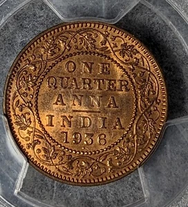 1936 (b) Indien 1/4 Anna * PCGS 65 RB starke Erhaltung * tolles Design - Bild 1 von 4