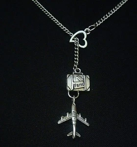 I Love To Fly Airplane Luggage Travel Paris Suitcase Gift Lariat Necklace - Picture 1 of 3