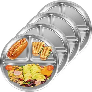 Wensdr Set of 4 Stainless Steel Kids Plates, Portion Control Platter with 3-Comp - Picture 1 of 6