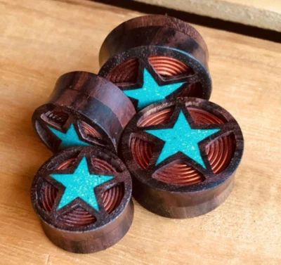 PAR de tapones de madera Sono con estrella turquesa triturada y bobina de cobre indicadores de auriculares Foto 1 de 4