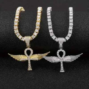 Ankh Cross Wings Pendant Iced 1 Row Cubic Zirconia Tennis Chain Hip Hop Necklace - Picture 1 of 11
