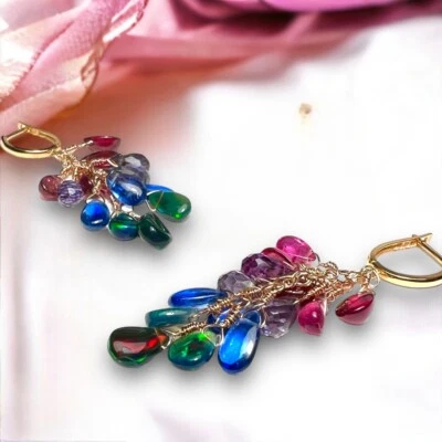 Luxurious Natural Rainbow Gemstone: Opal Tourmaline Ruby Earrings 18K Rose Gold - Image 1 of 4