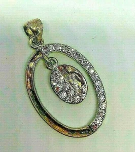 Vintage Silver/Gold Metal Rhinestone Diamante Oval Pendant 1980' - Picture 1 of 4