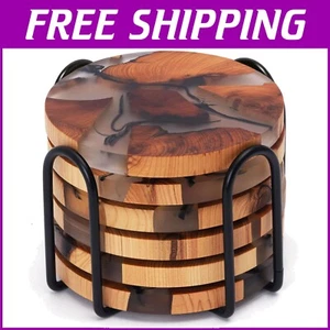 Absorbent Coaster Set - 6 Round Cedar & Epoxy Coasters for Table Protection - Picture 1 of 8