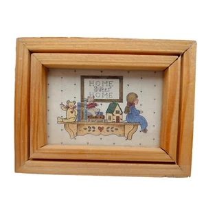 Vintage Miniature Wood Framed Print Home Sweet Hearts 3x4" Primitive Folk Art - Picture 1 of 10