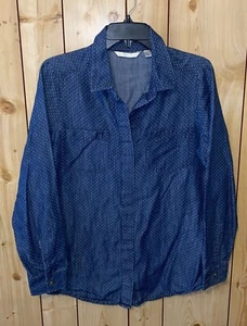 Blusa LC Lauren Conrad Mujer M Azul Blanco Cambray Denim Prendedor Lunares Top - Imagen 1 de 9