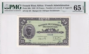 Französisch Westafrika 1942 25 Francs, P30b, PMG 65 EPQ Stempelglanz - Bild 1 von 2