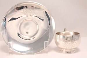 Antique Silver 950 Coat of Arms Cup & Saucer Alfred Hector w/ Minerva Mark - Picture 1 of 11
