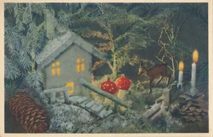 PC70148 Alte Postkarte. Weihnachtsszene. Haus mit Brücke. Hirsch und Kerzen. Gyge - Bild 1 von 2