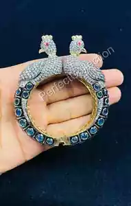 Peacock Design Blue Sapphire (Imitation) & Cubic Zirconia Stone Cuff Bracelet - Picture 1 of 4