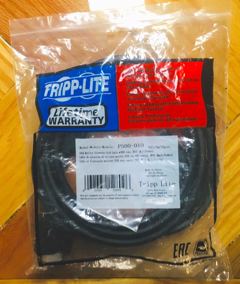 Tripp Lite P500-010 SVGA Monitor Extension Gold Cable w/ RGB Coax HD15, 10ft NEW - Image 1 of 1