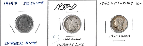 BARBER DIME 1914 D & 1937 D, 1943 D MERCURY DIMES - 90% SILVER - lot of 3 Cover
