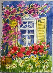 5”x7” Pamela Wilhelm Original Aquarell Blume bedeckt viktorianische Fensterkatze - Bild 1 von 3