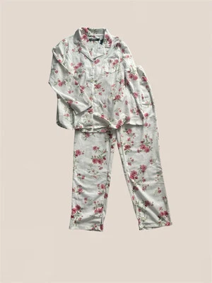 Lauren Ralph Lauren | 2 Piece Ivory Floral Fleece Pajamas Embroidered Logo Sz M - Image 1 of 4