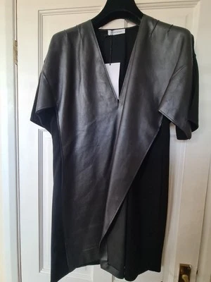 Costume National CNC Designer Black Leather & Cotton Long Blouse Top Size Size L - Image 1 of 4