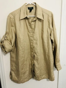 Camicia donna Lauren Ralph Lauren abbottonata 100% lino rotolo linguetta-manica marrone 1X - Foto 1 di 9