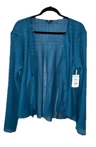 KOMAROV Size XL Pleated Plisse Charmeuse Topper Cardigan Sweater Teal Blue NEW - Picture 1 of 9